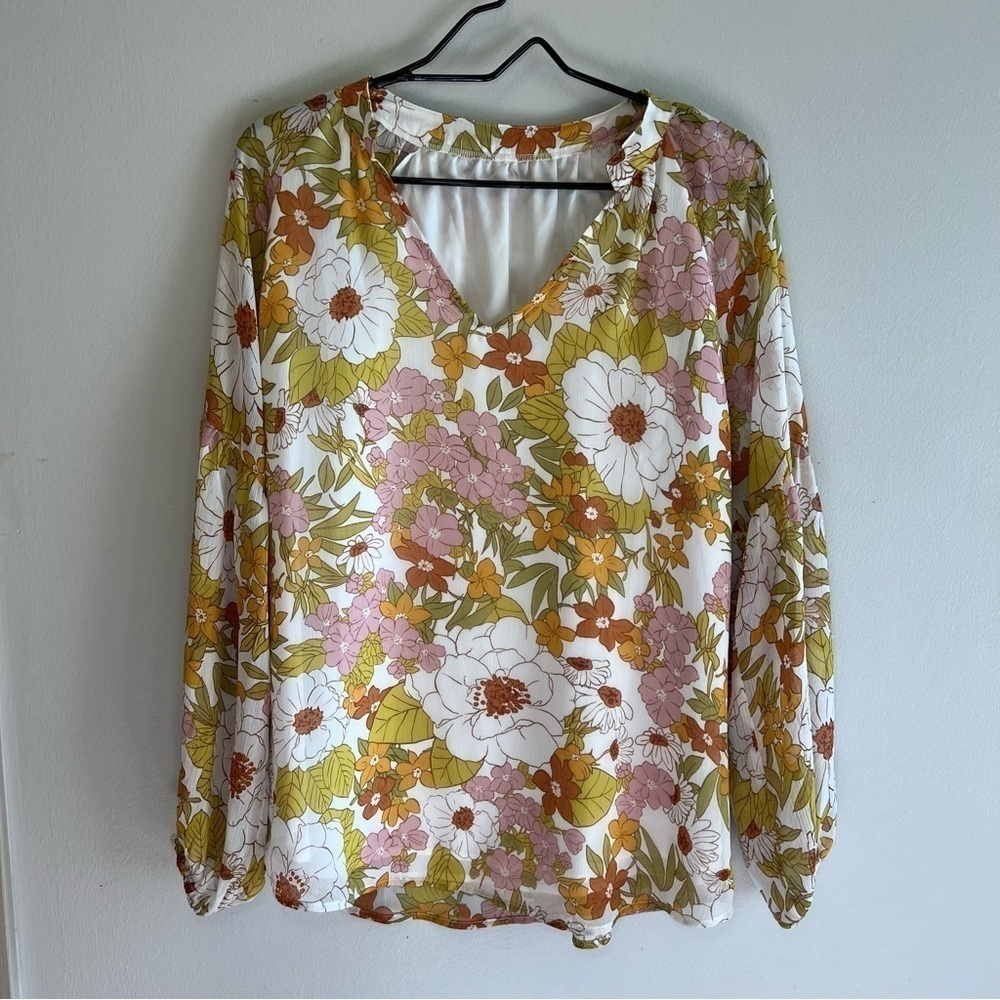 Women Casual Boho Blouse Fashion Floral Yellow V Neck Long Puff Sleeve Medium - Picture 5 of 12